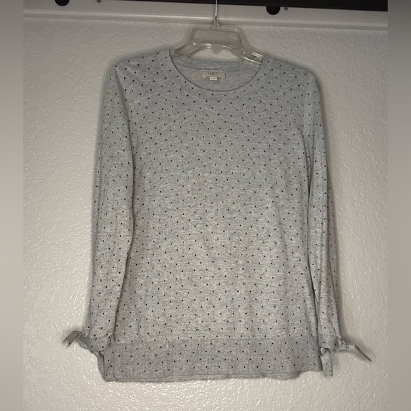Loft Womens Cotton Sweater Soft Gray Polka‎ Dot Long Sleeve Wrist Tie M - Picture 1 of 7